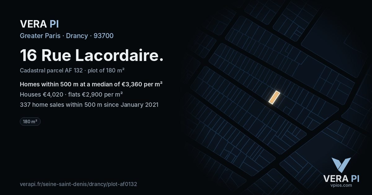 16 Rue Lacordaire, Drancy at night – the plot lit, the parcels around coloured by the prices near them