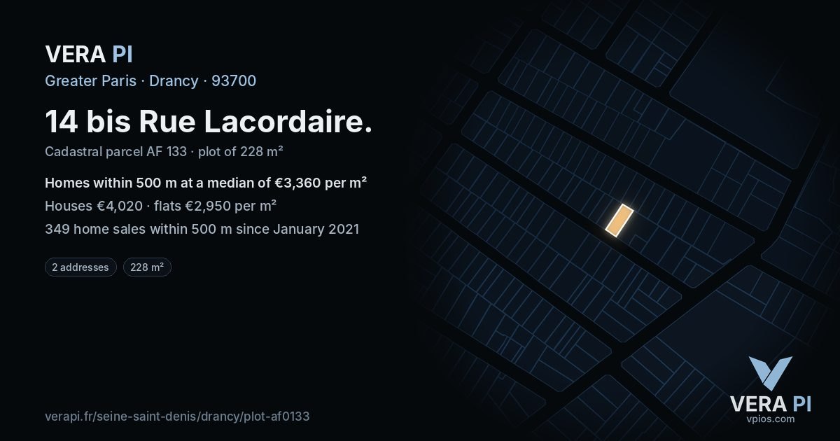 14 bis Rue Lacordaire, Drancy at night – the plot lit, the parcels around coloured by the prices near them