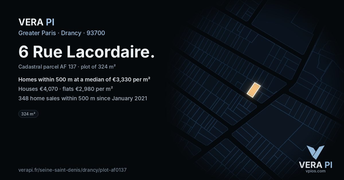 6 Rue Lacordaire, Drancy at night – the plot lit, the parcels around coloured by the prices near them