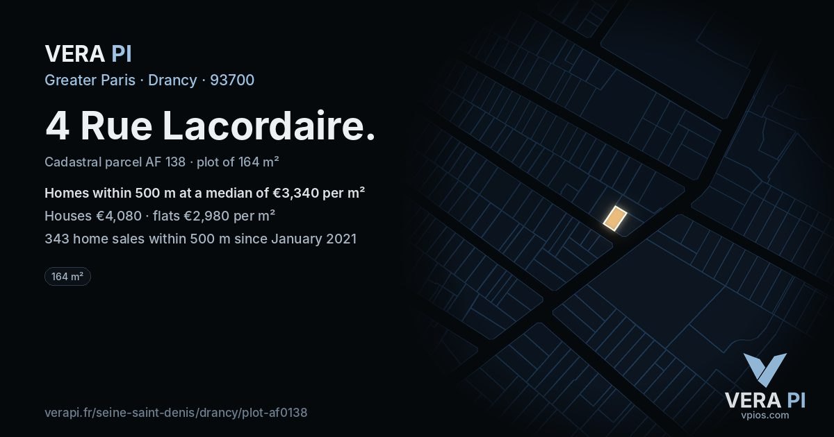 4 Rue Lacordaire, Drancy at night – the plot lit, the parcels around coloured by the prices near them