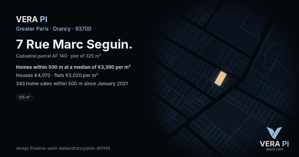 7 Rue Marc Seguin, Drancy at night – the plot lit, the parcels around coloured by the prices near them
