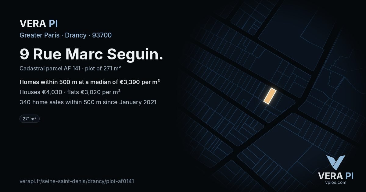 9 Rue Marc Seguin, Drancy at night – the plot lit, the parcels around coloured by the prices near them