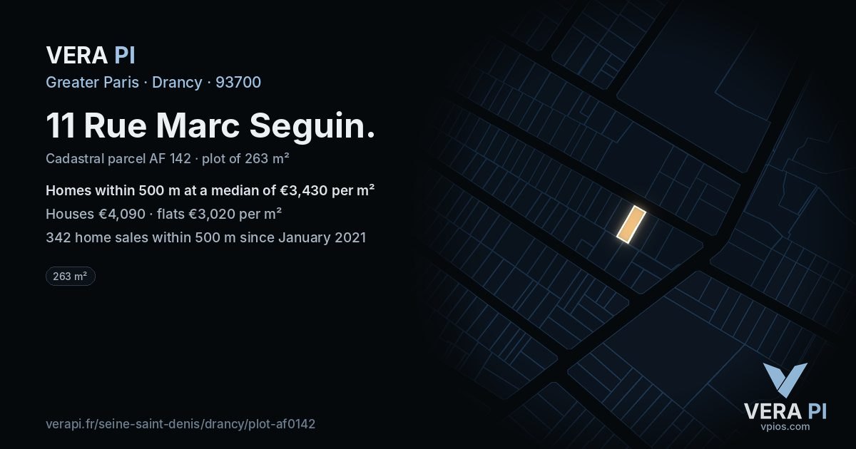 11 Rue Marc Seguin, Drancy at night – the plot lit, the parcels around coloured by the prices near them