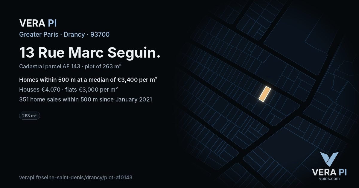 13 Rue Marc Seguin, Drancy at night – the plot lit, the parcels around coloured by the prices near them
