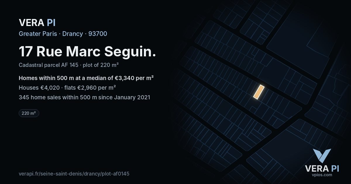 17 Rue Marc Seguin, Drancy at night – the plot lit, the parcels around coloured by the prices near them