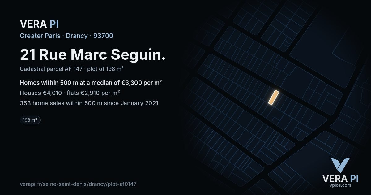 21 Rue Marc Seguin, Drancy at night – the plot lit, the parcels around coloured by the prices near them