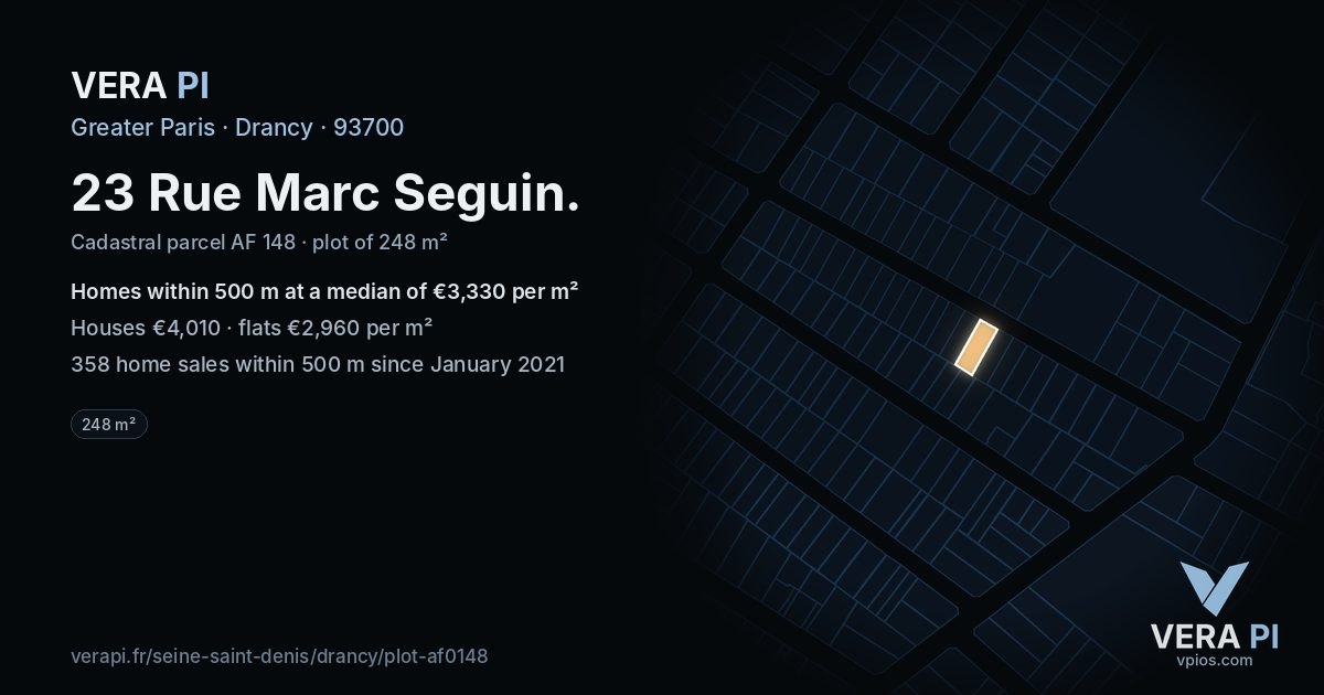 23 Rue Marc Seguin, Drancy at night – the plot lit, the parcels around coloured by the prices near them