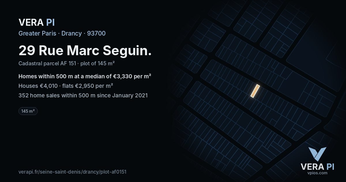 29 Rue Marc Seguin, Drancy at night – the plot lit, the parcels around coloured by the prices near them