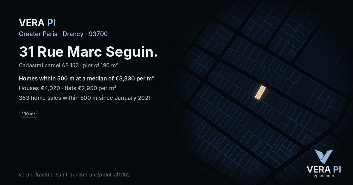 31 Rue Marc Seguin, Drancy at night – the plot lit, the parcels around coloured by the prices near them