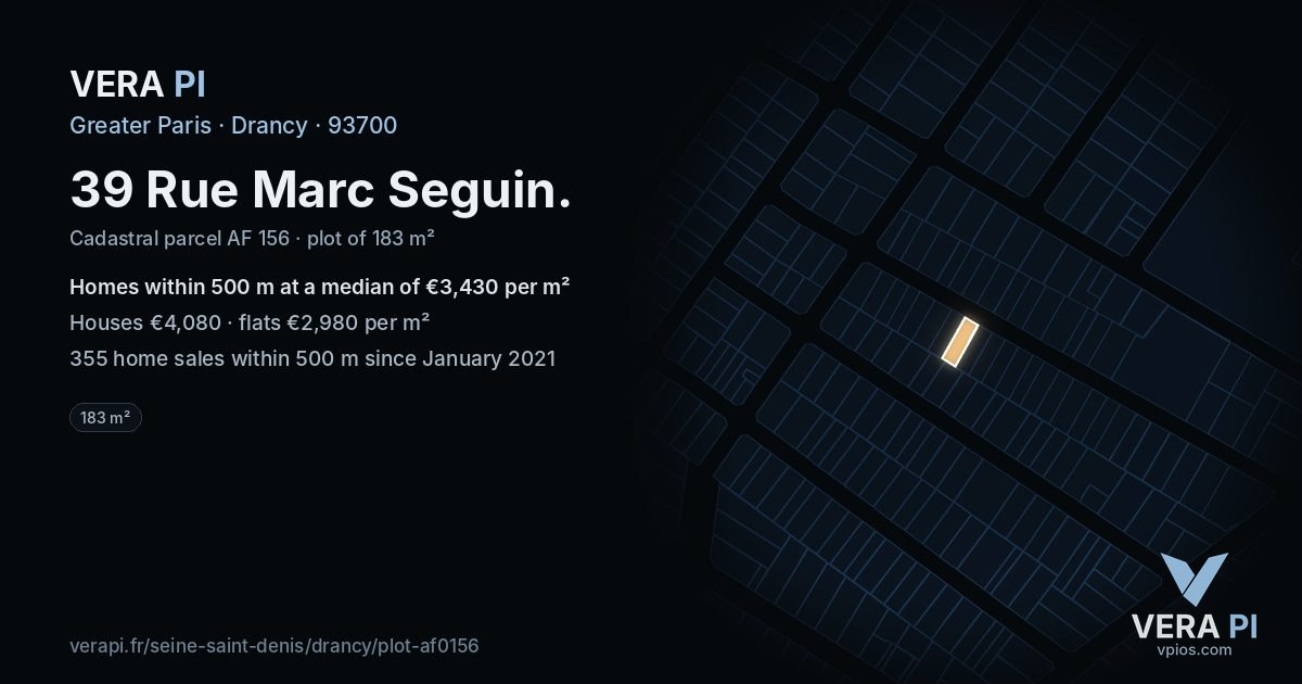 39 Rue Marc Seguin, Drancy at night – the plot lit, the parcels around coloured by the prices near them