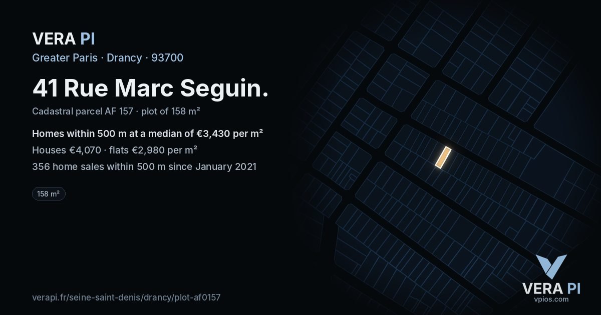 41 Rue Marc Seguin, Drancy at night – the plot lit, the parcels around coloured by the prices near them