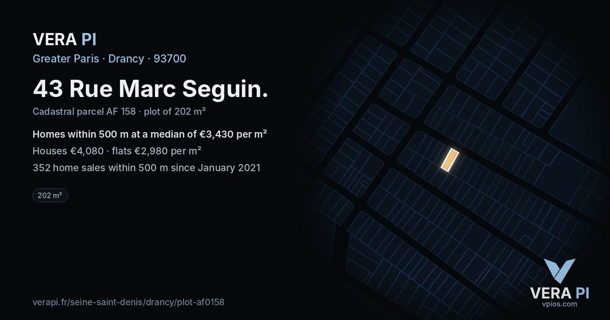 43 Rue Marc Seguin, Drancy at night – the plot lit, the parcels around coloured by the prices near them