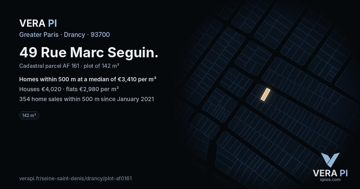 49 Rue Marc Seguin, Drancy at night – the plot lit, the parcels around coloured by the prices near them
