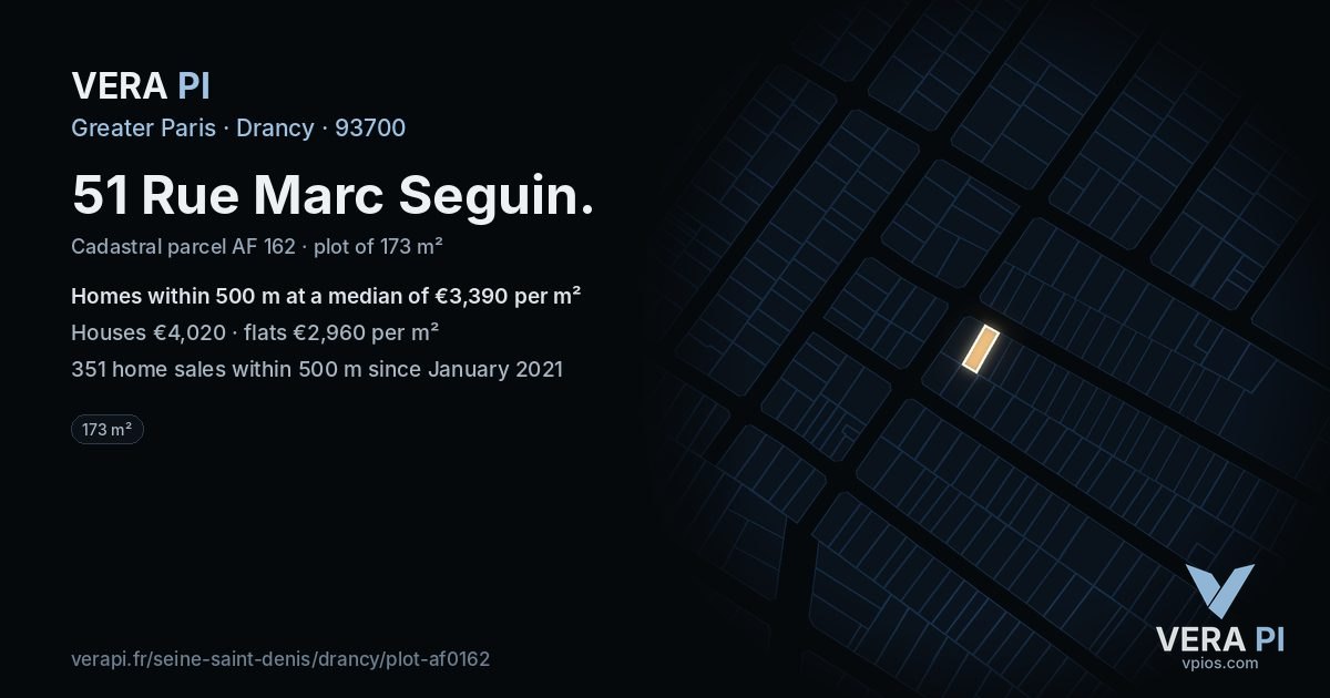 51 Rue Marc Seguin, Drancy at night – the plot lit, the parcels around coloured by the prices near them