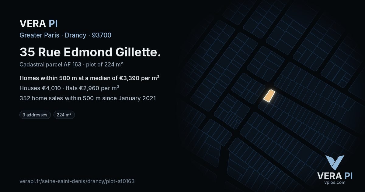 35 Rue Edmond Gillette, Drancy at night – the plot lit, the parcels around coloured by the prices near them