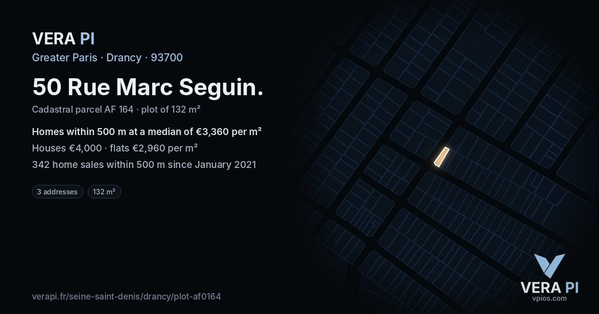 50 Rue Marc Seguin, Drancy at night – the plot lit, the parcels around coloured by the prices near them