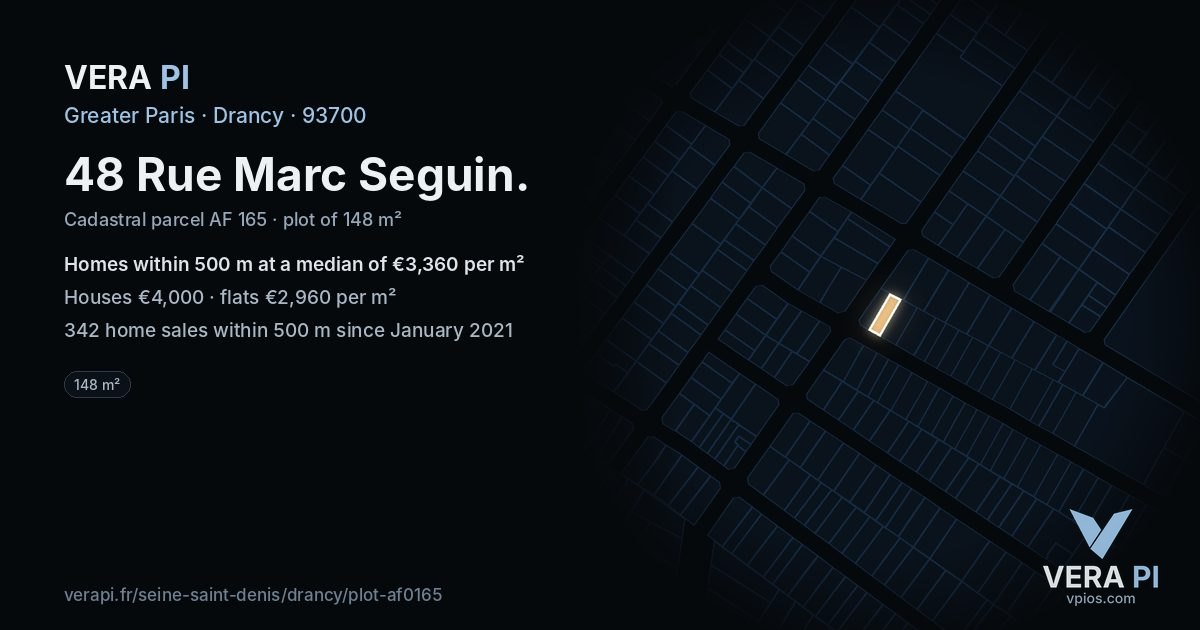 48 Rue Marc Seguin, Drancy at night – the plot lit, the parcels around coloured by the prices near them