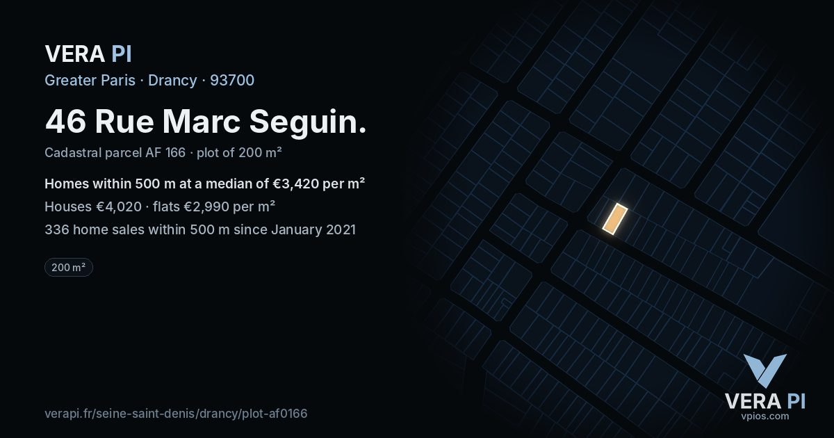 46 Rue Marc Seguin, Drancy at night – the plot lit, the parcels around coloured by the prices near them