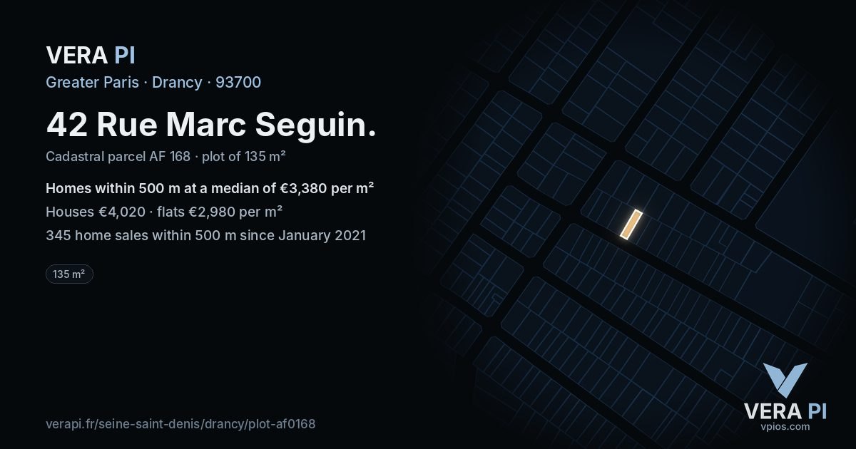 42 Rue Marc Seguin, Drancy at night – the plot lit, the parcels around coloured by the prices near them