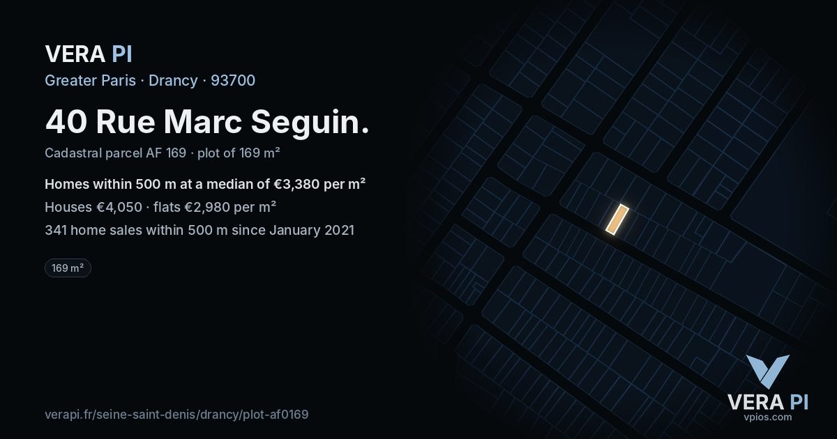 40 Rue Marc Seguin, Drancy at night – the plot lit, the parcels around coloured by the prices near them