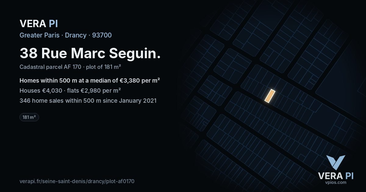 38 Rue Marc Seguin, Drancy at night – the plot lit, the parcels around coloured by the prices near them