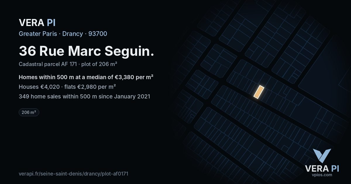 36 Rue Marc Seguin, Drancy at night – the plot lit, the parcels around coloured by the prices near them