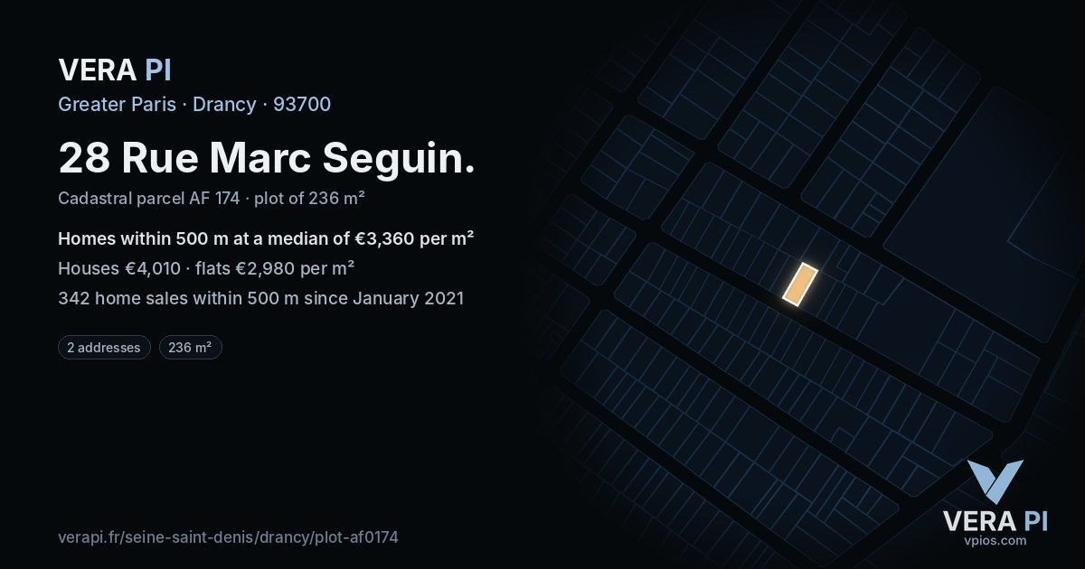 28 Rue Marc Seguin, Drancy at night – the plot lit, the parcels around coloured by the prices near them