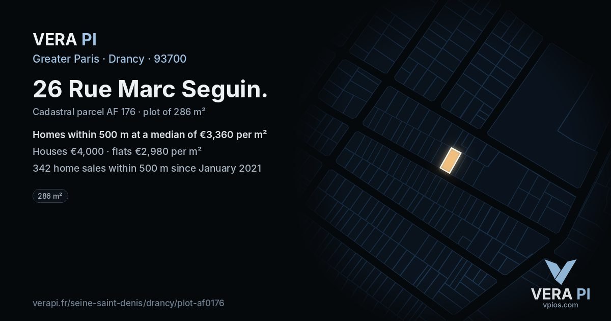 26 Rue Marc Seguin, Drancy at night – the plot lit, the parcels around coloured by the prices near them