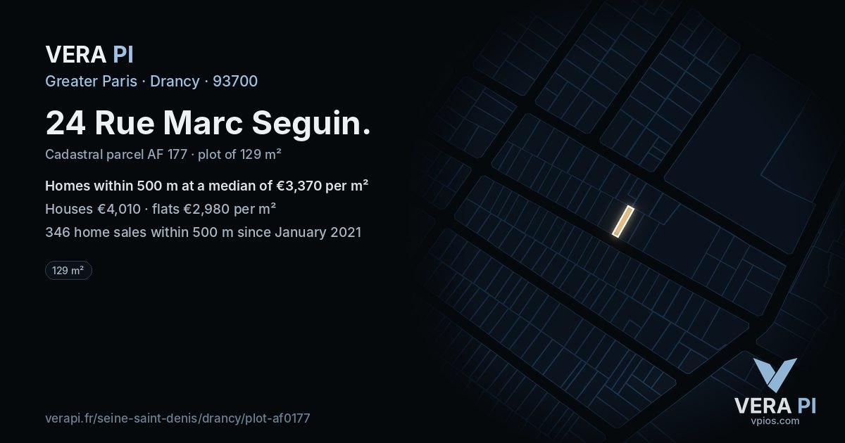 24 Rue Marc Seguin, Drancy at night – the plot lit, the parcels around coloured by the prices near them