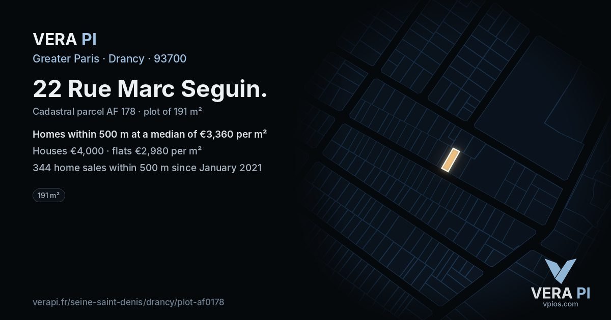 22 Rue Marc Seguin, Drancy at night – the plot lit, the parcels around coloured by the prices near them