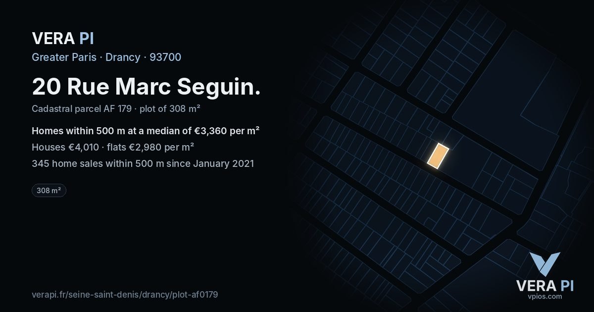 20 Rue Marc Seguin, Drancy at night – the plot lit, the parcels around coloured by the prices near them