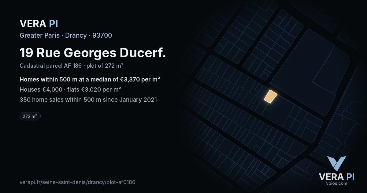 19 Rue Georges Ducerf, Drancy at night – the plot lit, the parcels around coloured by the prices near them