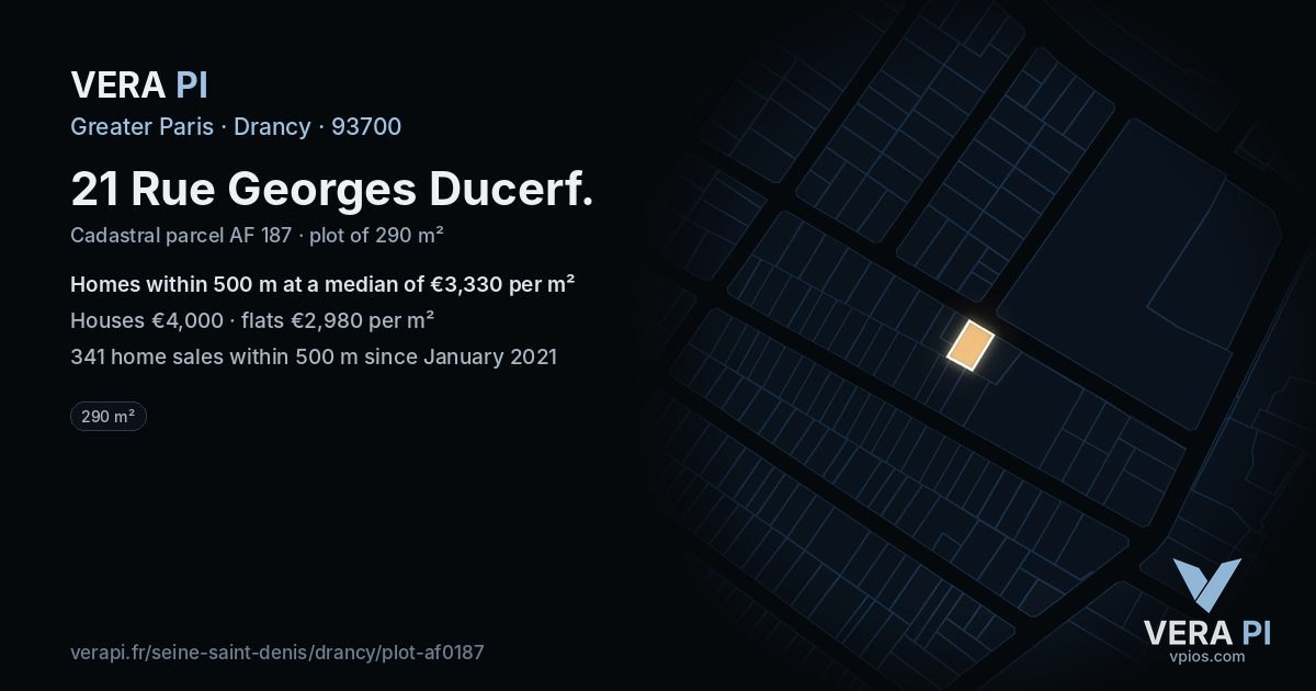 21 Rue Georges Ducerf, Drancy at night – the plot lit, the parcels around coloured by the prices near them