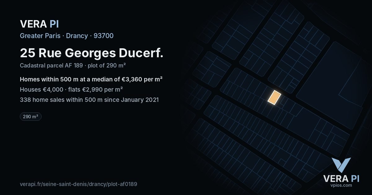 25 Rue Georges Ducerf, Drancy at night – the plot lit, the parcels around coloured by the prices near them