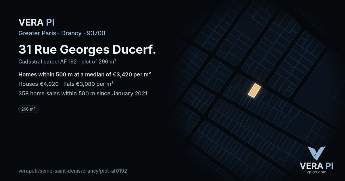 31 Rue Georges Ducerf, Drancy at night – the plot lit, the parcels around coloured by the prices near them