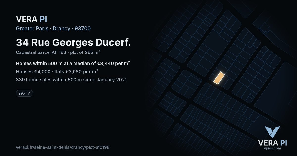 34 Rue Georges Ducerf, Drancy at night – the plot lit, the parcels around coloured by the prices near them