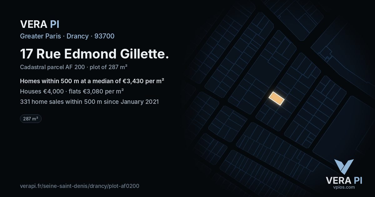 17 Rue Edmond Gillette, Drancy at night – the plot lit, the parcels around coloured by the prices near them