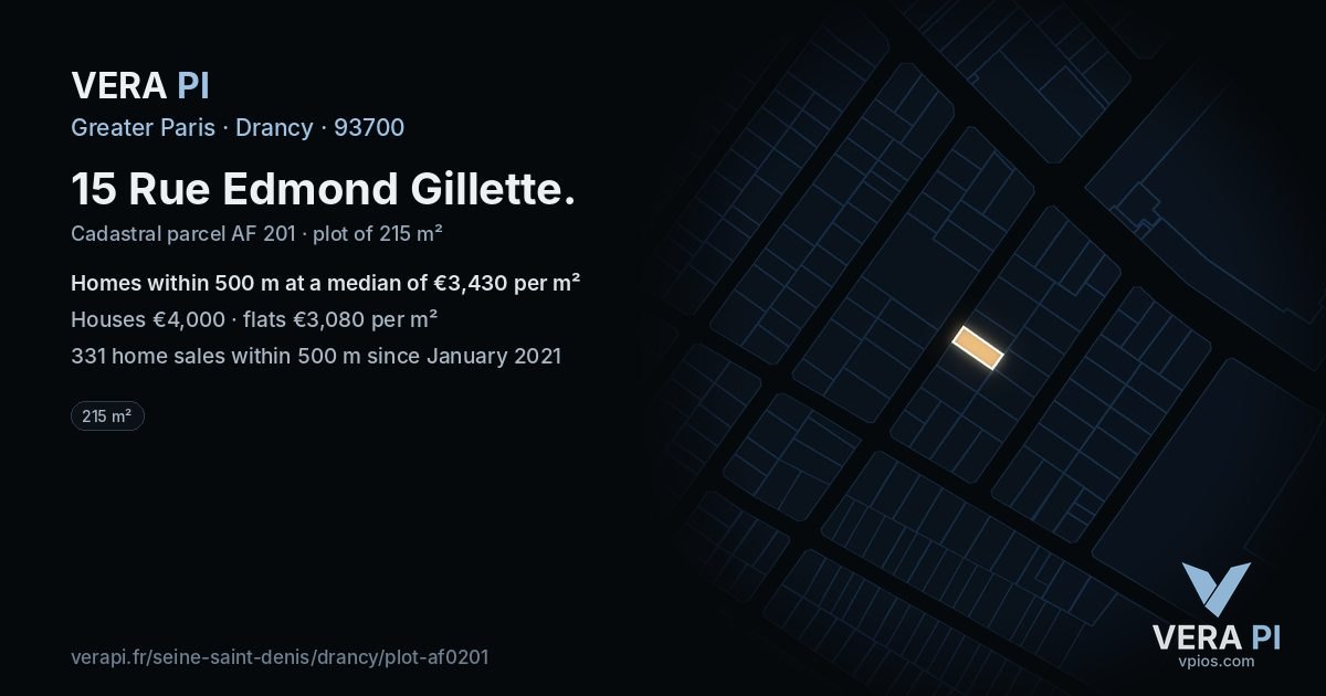 15 Rue Edmond Gillette, Drancy at night – the plot lit, the parcels around coloured by the prices near them