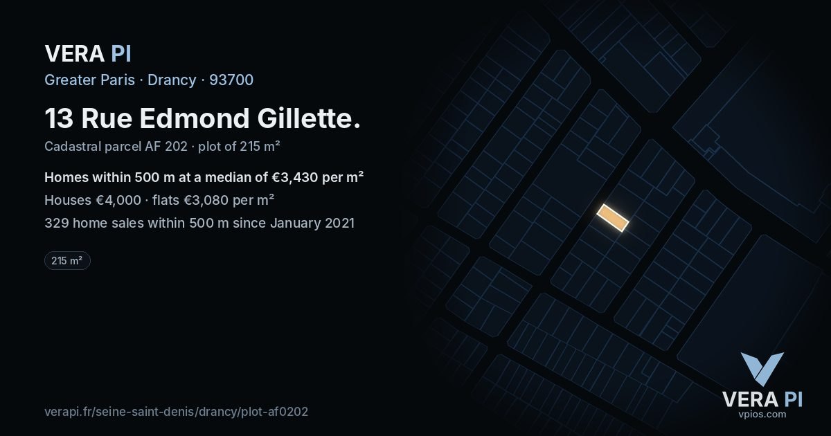 13 Rue Edmond Gillette, Drancy at night – the plot lit, the parcels around coloured by the prices near them