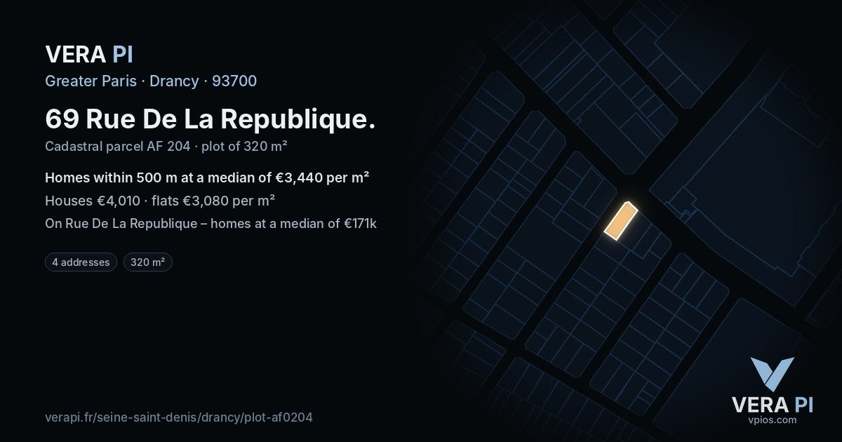 69 Rue De La Republique, Drancy at night – the plot lit, the parcels around coloured by the prices near them