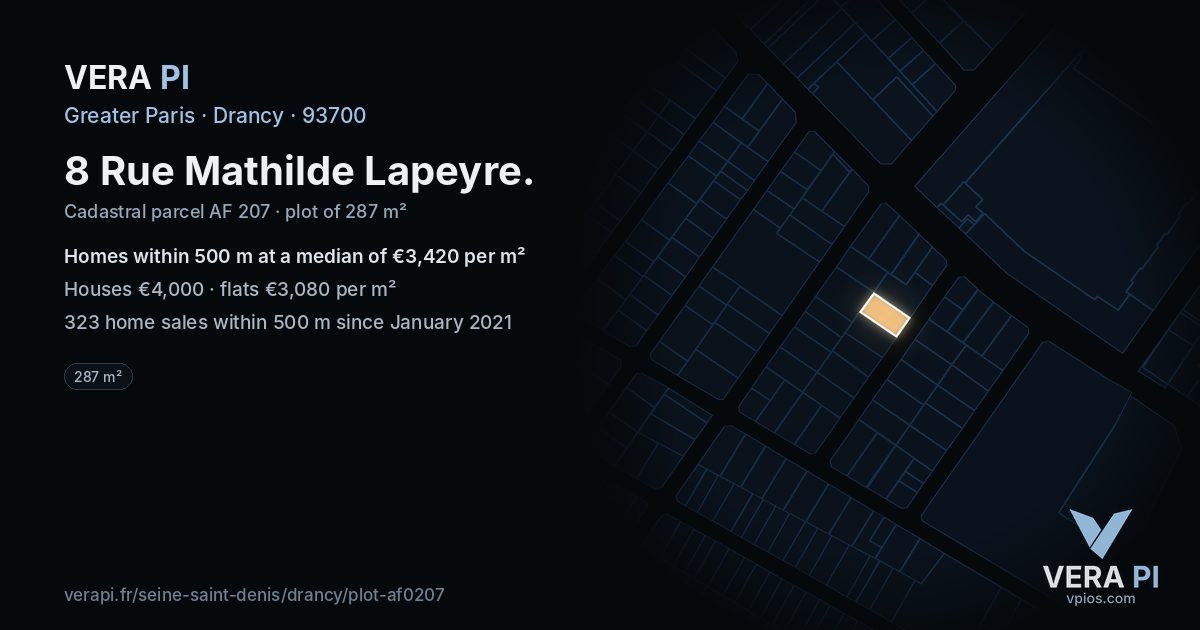 8 Rue Mathilde Lapeyre, Drancy at night – the plot lit, the parcels around coloured by the prices near them