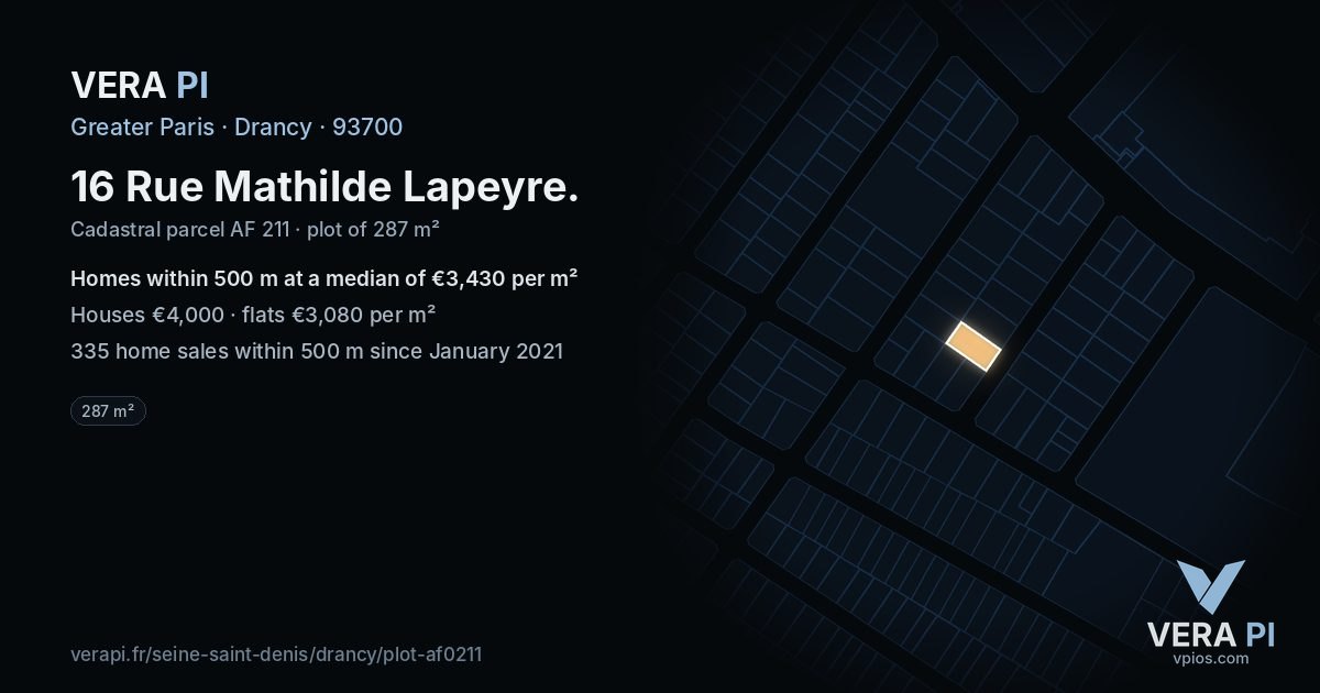 16 Rue Mathilde Lapeyre, Drancy at night – the plot lit, the parcels around coloured by the prices near them