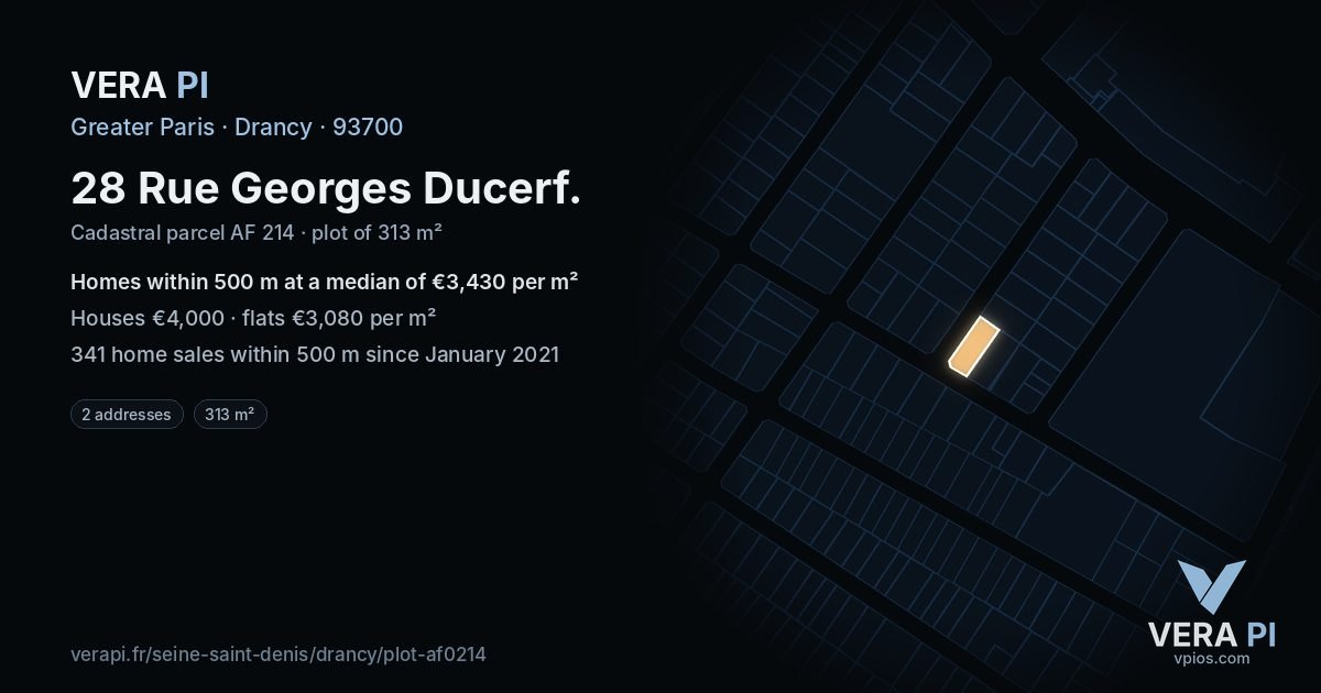28 Rue Georges Ducerf, Drancy at night – the plot lit, the parcels around coloured by the prices near them