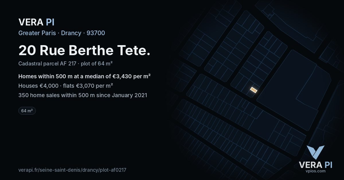 20 Rue Berthe Tete, Drancy at night – the plot lit, the parcels around coloured by the prices near them