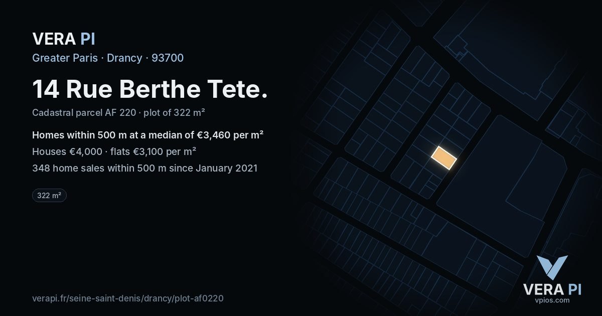 14 Rue Berthe Tete, Drancy at night – the plot lit, the parcels around coloured by the prices near them