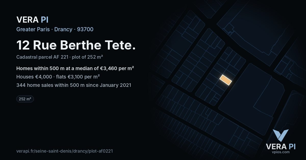 12 Rue Berthe Tete, Drancy at night – the plot lit, the parcels around coloured by the prices near them