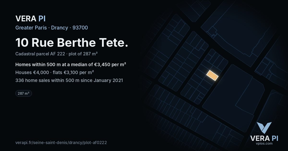 10 Rue Berthe Tete, Drancy at night – the plot lit, the parcels around coloured by the prices near them