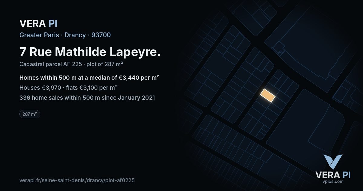 7 Rue Mathilde Lapeyre, Drancy at night – the plot lit, the parcels around coloured by the prices near them