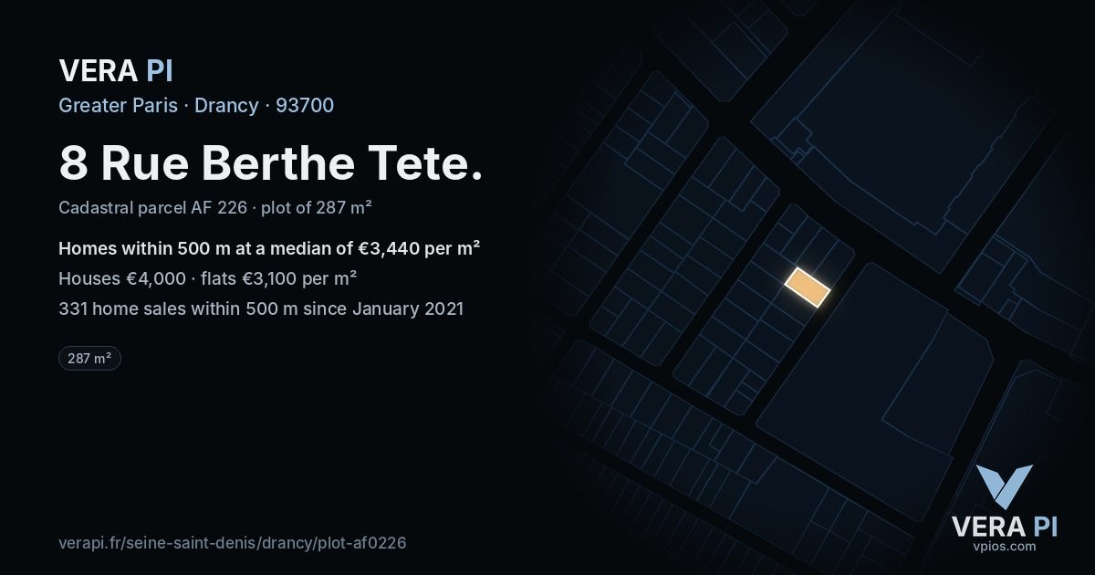 8 Rue Berthe Tete, Drancy at night – the plot lit, the parcels around coloured by the prices near them