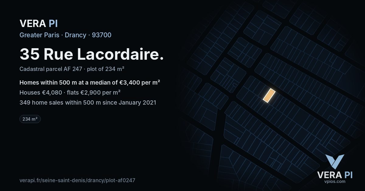 35 Rue Lacordaire, Drancy at night – the plot lit, the parcels around coloured by the prices near them